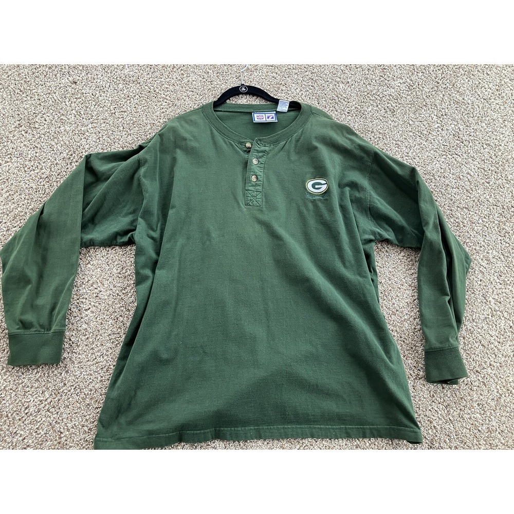 VTG Green Bay Packers Logo 7 Henley Shirt Mens 2X Green NFL Game Day Long Sleeve